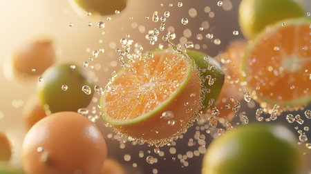 A vibrant scene showcasing fresh citrus fruits like oranges and limes splashing in water. The bright colors and bubbles evoke a sense of freshness and health.の素材