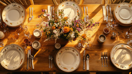 A beautifully arranged dining table showcasing elegant tableware and a vibrant floral centerpiece, bathed in warm sunlight, perfect for gatherings or events.の素材