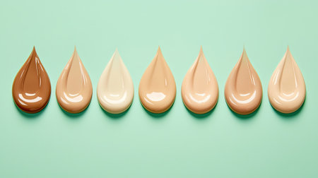 This image showcases an elegant arrangement of liquid foundation drops in various skin tones. Each drop contrasts beautifully against a pastel background, ideal for cosmetic displays.の素材