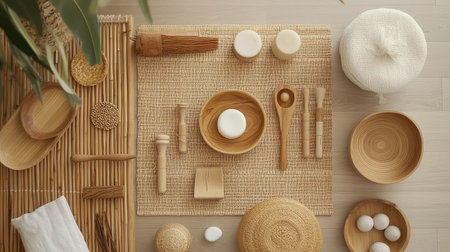 A serene and minimalistic kitchen arrangement featuring wooden utensils, bowls, and natural textures. Perfect for showcasing sustainable cooking and decor.の素材