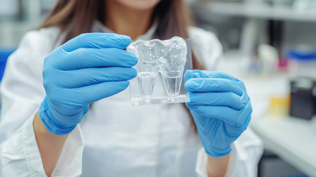 A dental professional in gloves carefully holds a dental impression tray, showcasing modern techniques in a well-equipped laboratory. Emphasizing precision in dental care.の素材