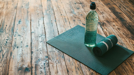 A serene setup featuring a yoga mat and water bottle on a rustic wooden floor, perfect for enhancing mindfulness and fitness routines in any space.の素材