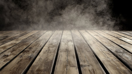 A textured wooden surface featuring smooth planks set against a smoky background. Ideal for artistic and creative projects seeking a rustic touch.の素材