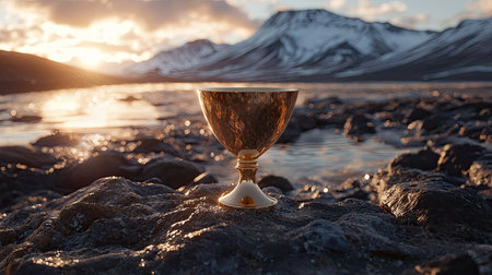 A stunning golden cup rests on a rocky shore, reflecting sunlight with majestic mountains in the background. Ideal for symbols of victory and achievement.の素材