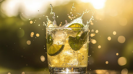 A refreshing cocktail splashes in a glass filled with ice, mint, and lime, radiating a glowing sunlight backdrop. Perfect for summer enjoyment and vibrant gatherings.の素材