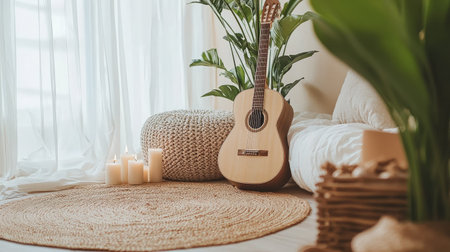A cozy indoor space featuring an acoustic guitar beside soft candles and lush plants on a natural rug, creating a peaceful and inviting atmosphere.の素材