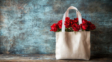 A stylish white tote bag filled with fresh red roses, beautifully arranged against a rustic background. Perfect for romantic gifts or decorations.の素材