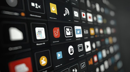 A visually striking abstract background featuring colorful app icons displayed on a dark surface, perfect for technology and digital media themes.の素材