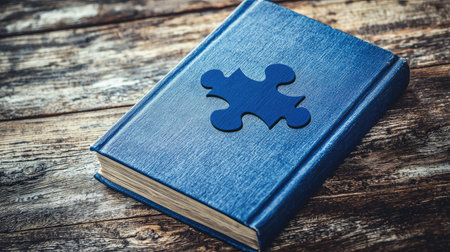 A blue hardcover book with a puzzle piece cutout, symbolizing problem-solving.の素材