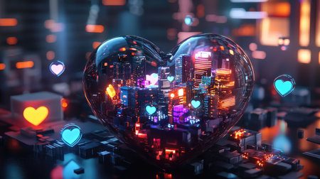 3D-rendered heart with a digital city skyline and floating health symbols. a710-e78627c8c1b1の素材