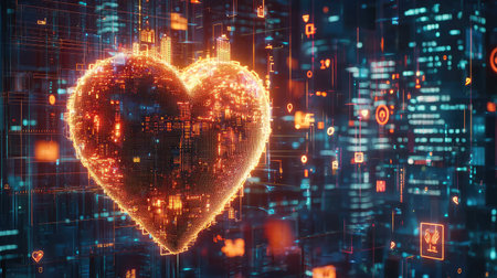 3D-rendered heart with a digital city skyline and floating health symbols. a710-e78627c8c1b1の素材