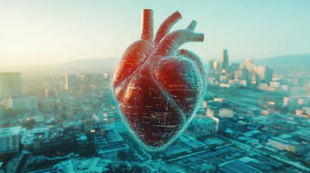 A pulsating heart with health analytics and a futuristic city in the background.の素材