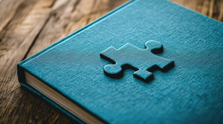 A blue hardcover book with a puzzle piece cutout, symbolizing problem-solving.の素材