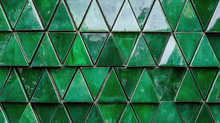 Abstract dark green mosaic tile texture with a geometric fluted triangle pattern, ideal for modern architecture.の素材