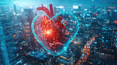 Abstract medical heart floating above a city skyline with digital blue lighting.の素材