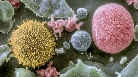 Abstract cellular structures and floating microorganisms under extreme close-up scientific imaging.の素材