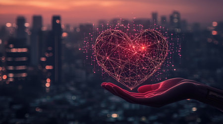 A pulsating heart with health analytics and a futuristic city in the background.の素材