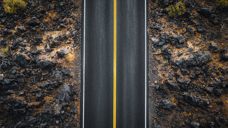Aerial perspective of an empty road with dramatic shadows and copy space.の素材