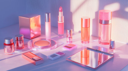 Aesthetic cosmetic science layout with shimmering gel samples and soft reflections.の素材