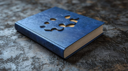 Abstract learning concept featuring a blue book and interlocking puzzle pieces.の素材