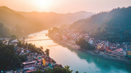 Aerial capture of Rishikesh iconic suspension bridge over the Ganges River.の素材