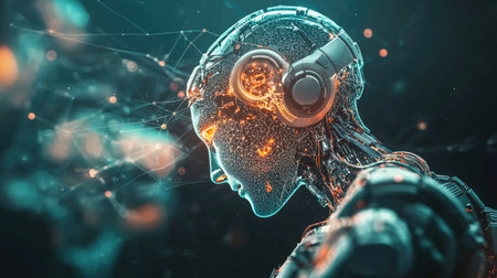 Artificial intelligence and robotics theme with India outline in a futuristic glow, copy space.の素材