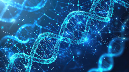 Artistic representation of interconnected neurons, molecules, and DNA strands glowing in blue.の素材