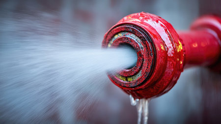 Close-up of a red fire hose nozzle releasing a strong mist of water.の素材