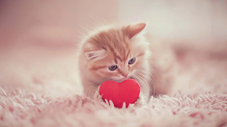Cozy ginger kitten hugging a red heart toy, delicate pink pastel tones, gentle lighting.の素材