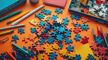 Brain teaser puzzle pieces scattered on a desk with school supplies, copy space.の素材