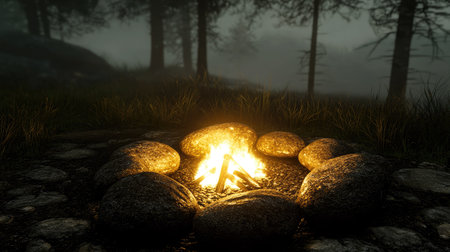 Campfire burning gently, surrounded by smooth stones on a dark forest floor.の素材