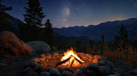 Cozy campfire surrounded by stones, crackling under a starlit night sky.の素材