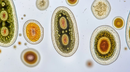 Colorful microorganisms floating in a liquid medium, viewed through a powerful microscope.の素材