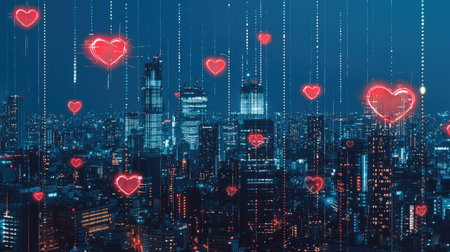 City skyline illuminated with digital heart health icons and medical elements.の素材