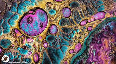 Colorful microorganisms floating in a liquid medium, viewed through a powerful microscope.の素材