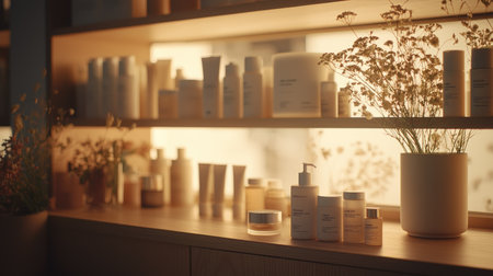 Cozy beauty clinic space with skincare essentials and soft, warm lighting.の素材
