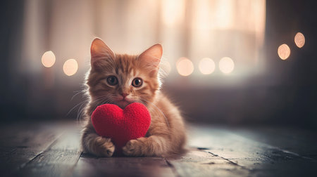 Cozy ginger kitten hugging a red heart toy, delicate pink pastel tones, gentle lighting.の素材