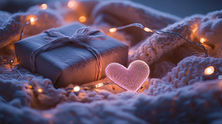 Cozy holiday scene with an elegantly wrapped present, shimmering lights, and soft heart accents.の素材
