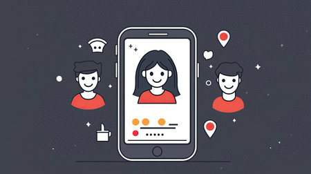 Customer experience icons emerging from a smartphone, symbolizing business strategy.の素材