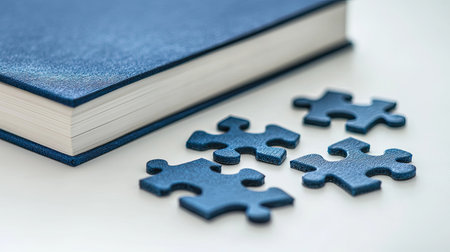 Creative education concept with a blue book and puzzle pieces on a white surface.の素材