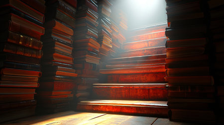 A serene and inviting scene featuring illuminated wooden stairs flanked by stacks of books, creating a warm and cozy atmosphere for reading and reflection.の素材
