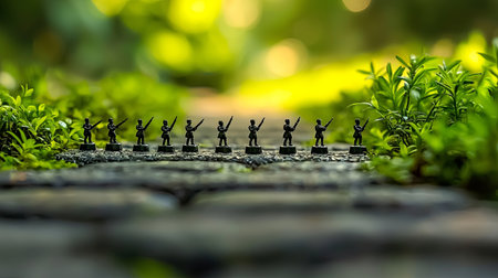 A captivating image of miniature toy soldiers aligned on a pathway, set amidst lush greenery. The composition highlights creativity and nostalgia in play.の素材