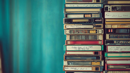 A captivating array of vintage cassette tapes stacked against a turquoise backdrop, evoking nostalgia and memories of the past. Perfect for music lovers.の素材