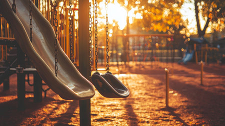 A serene playground at sunset featuring slides and swings illuminated by warm golden light, evoking feelings of joy, childhood, and outdoor adventure.の素材