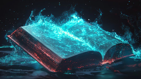 A stunning portrayal of a magical book releasing vibrant splashes of water and glowing particles, creating an enchanting and mystical atmosphere in darkness.の素材