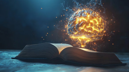 An enchanting book lies open, with a shimmering brain emerging from its pages, symbolizing the power of knowledge and creativity in a mystical and imaginative manner.の素材