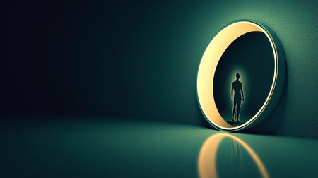 A striking image featuring the silhouette of a person in a circular mirror, surrounded by calming ambient lighting that creates a reflective atmosphere.の素材