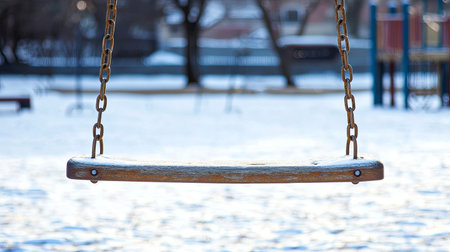 A solitary wooden swing hangs quietly in a winter playground, surrounded by snow. The scene evokes nostalgia and peacefulness, capturing the essence of childhood joy.の素材