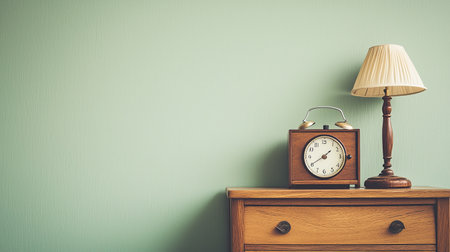 A charming vintage clock and lamp rest on a wooden nightstand against a calming green wall, creating a cozy and inviting atmosphere perfect for any interior space.の素材
