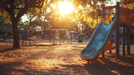 A serene playground scene at sunset featuring a metal slide and swings. Golden sunlight filters through trees, creating a warm, inviting atmosphere for children.の素材